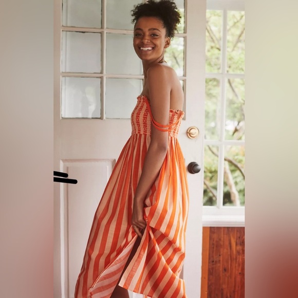 Anthropologie Dresses & Skirts - Anthropologie Midi Dress Size XL Smocked Blush Orange Stripe Spaghetti Strap